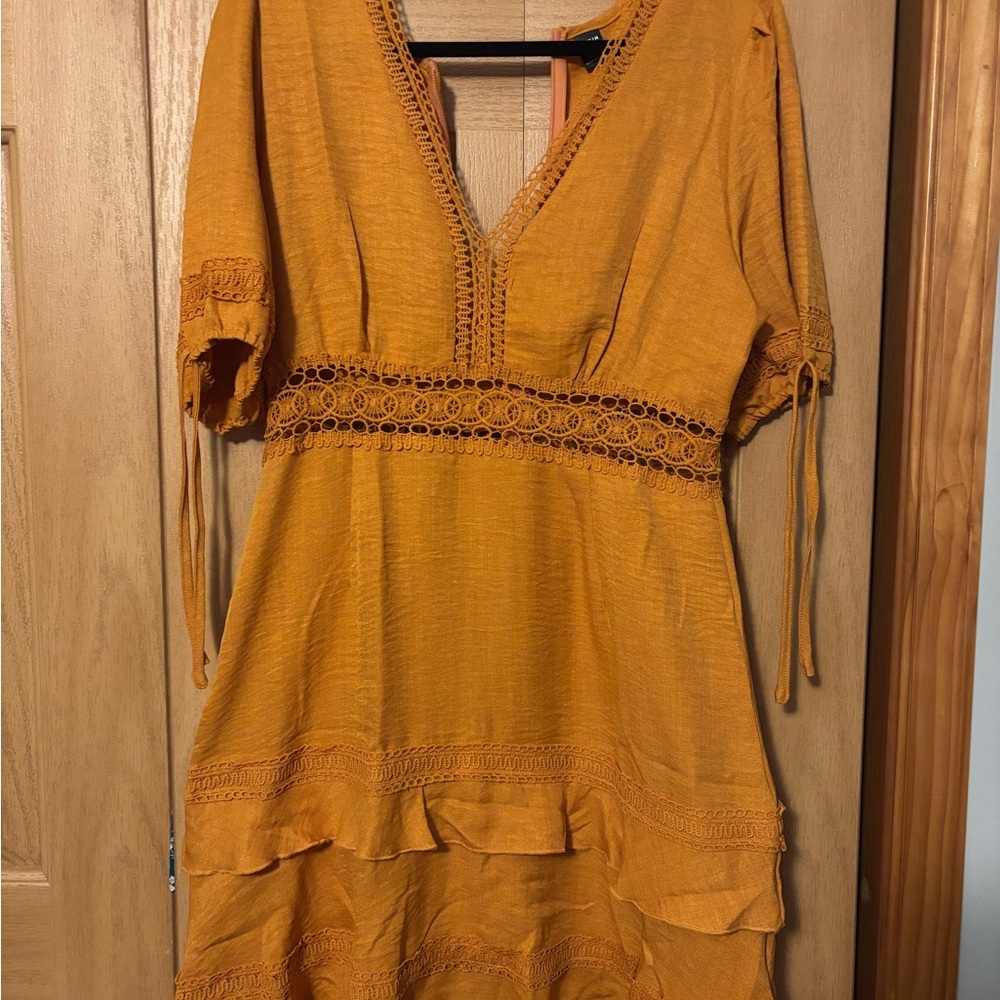 Orange V-Neck Dress with Lace Details